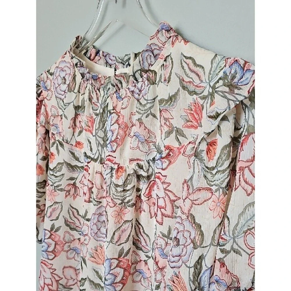 LOFT Women Cottagecore Floral Ruffle Neck Puff Sleeve Lined Blouse Size Large